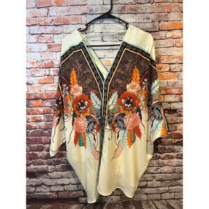 Rose + Olivia floral cream sheer short sleeve blouse top shirt women's size 2x